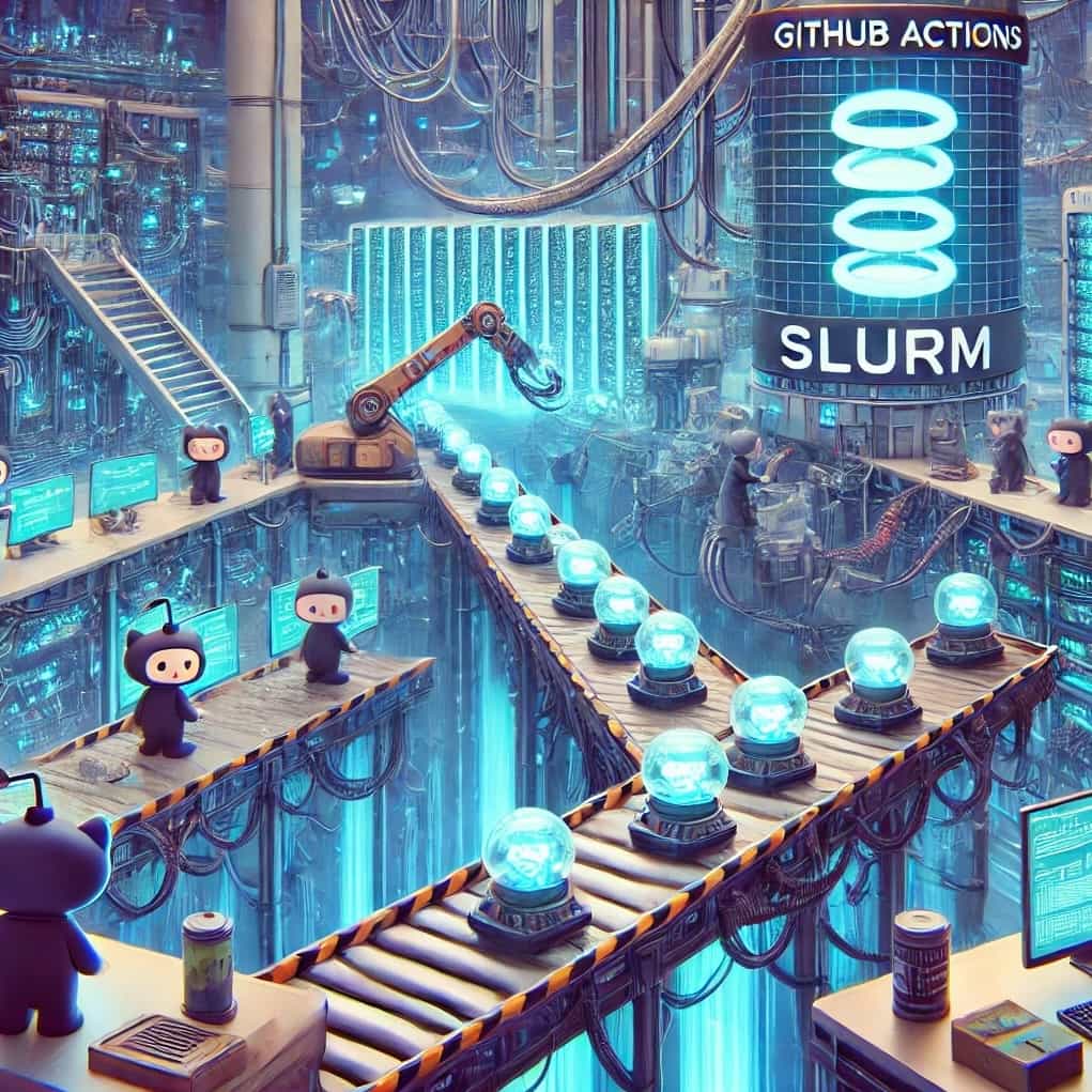 Image generated using DALL-E with ChatGPT-assisted prompt: "A comic-style illustration of a futuristic data center where GitHub Actions workflows are transformed into Slurm-powered jobs. Rows of towering server racks with glowing cables and cooling fans line both sides of the scene. In the center, a conveyor belt moves GitHub Actions runner capsules toward a massive Slurm control server, which processes them with robotic arms, spinning gears, and streams of digital energy. On the other side, the capsules emerge as fully optimized compute nodes, ready for execution. A small Octocat in a lab coat and safety goggles stands nearby, observing the process with curiosity. The scene is illuminated by a cool blue and purple glow, emphasizing the high-tech and automated nature of the system."

