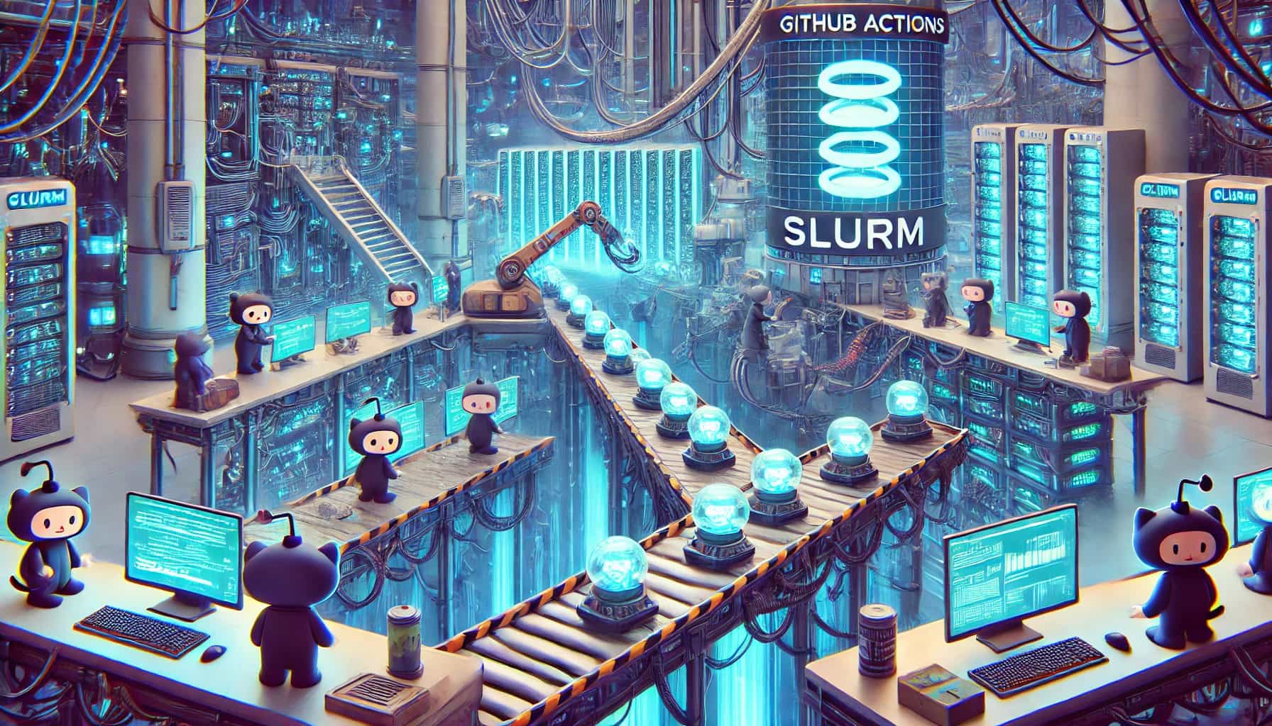 Image generated using DALL-E with ChatGPT-assisted prompt: "A comic-style illustration of a futuristic data center where GitHub Actions workflows are transformed into Slurm-powered jobs. Rows of towering server racks with glowing cables and cooling fans line both sides of the scene. In the center, a conveyor belt moves GitHub Actions runner capsules toward a massive Slurm control server, which processes them with robotic arms, spinning gears, and streams of digital energy. On the other side, the capsules emerge as fully optimized compute nodes, ready for execution. A small Octocat in a lab coat and safety goggles stands nearby, observing the process with curiosity. The scene is illuminated by a cool blue and purple glow, emphasizing the high-tech and automated nature of the system."
